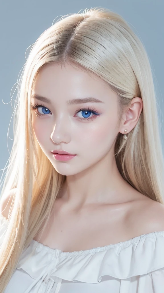 (((blouse、Off the shoulder、one piece、White background)))、forehead、Northern Europe、Russia、beautiful girl、Platinum Blonde Hair、Straight long hair、Hitting the face and front of the eyes、Big blue eyes、Sheer white and wet nightgown、Northern Europeの若者、Perfect body、White tendons、Glowing Skin、Young and beautiful skin、A perfect and beautiful little face、Bright makeup、Pale pink lips、Bright expression、、lipstick、Deceptive advertising、Viewer's vision、Golden Hour Lighting、Bokeh Atmosphere Perspective、detailed、Movie Light、複雑なdetailed、High resolution、 フェイスデザインのdetailedな特徴、Attention to detail、Clear focus、Smoothness、aesthetics、Printed、Octane、{{masterpiece}}