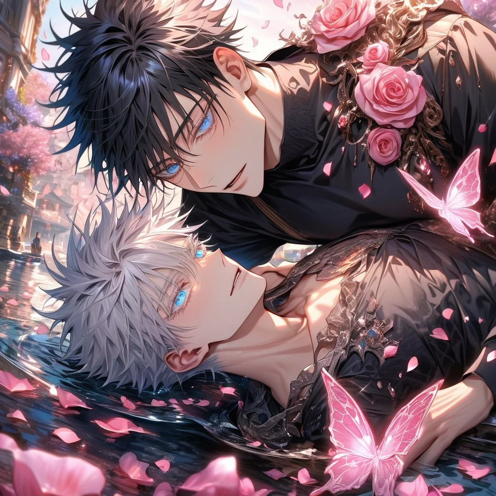 Ultra detailed, HDR, Highres, absurdres, master piece, Gojou Satoru, white hair with bangs, closed eyes, hair between the eyes, white eyelashes, Fushiguro Megumi, black hair, Jujutsu Kaisen, black shirt, purple glittering butterflies, purple ice, petals, purple ice glass roses, 2 sexy men together, gay couple kissing, love, handsome, glittering, water, fantasy, magical,