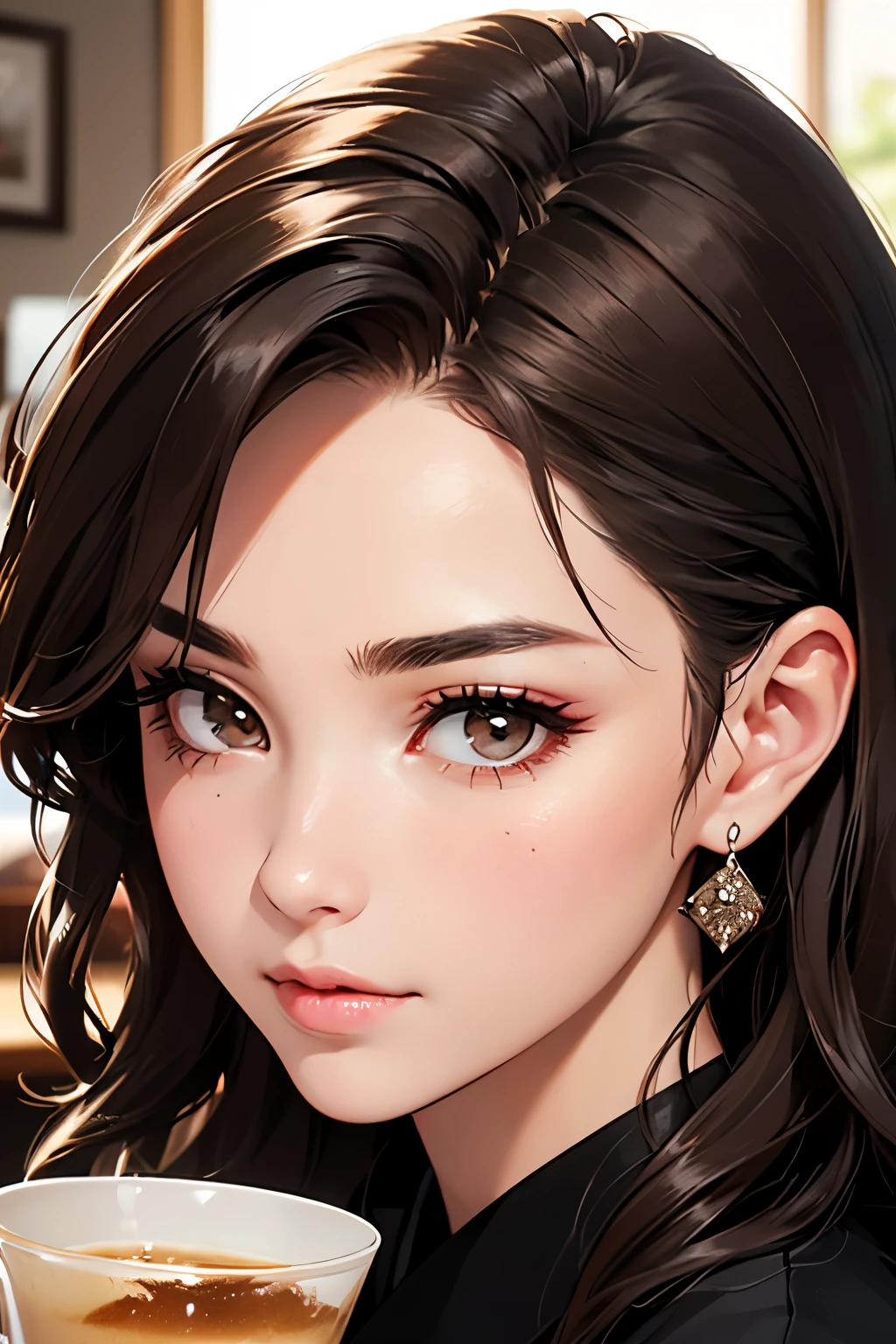 Highest quality、High resolution、Detailed Background、(Beautiful face in every detail:1.4)、Anatomically correct、(Detailed facial expressions)、(fine grain:1.2)、Beautiful Madame in her 50s、Japanese women(1 person)、(Highly detailed face:1.4)、Brown Hair、Wavy Hairstyle、well-groomed eyebrows,eye make up、Lip Makeup、relax, Adult atmosphere、Meeting、Cafe in the afternoon