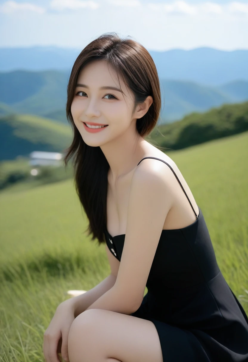 8K, Ultra-high resolution, Highest quality, masterpiece, 三分割法によるphotograph,Surreal, photograph, 1 Girl, (16 years old:1.3), pretty girl, Cute face, Beautiful eyes in every detail, 細かくdetailedに,masterpiece,, One Girl:1.2, Japan Female Announcer,whole body, The power of nature, ((ローアングルwhole bodyショット:1.3)), Soft white skin, Sharp eyebrows, Thin lashes, Natural Makeup, Cheek Highlighter, Pale pink lips, (High Quality Black Dress:1.3), ((Beautiful thighs in high resolution, Beautiful feet), ((Distant Horizon:1.5)), ((Rural scenery stretching to the horizon:1.3)), ((Overlooking the countryside from the plateau:1.3)), 美しくdetailedな空, Professional Photographer, Professional Lighting, Professional models,Full of sex appeal,Sensual,A carefree smile,soothe my soul,Looking at the audience、Black Hair,Super long straight hair,beauty,Long neck、Laugh a little、Please close your mouth and laugh、(((Ideal body type))),A cup small breasts :2,、Portraiture:2、Perfect Anatomy、鮮明なdetailed、detailed、Surreal、Light and shadow,Strong light