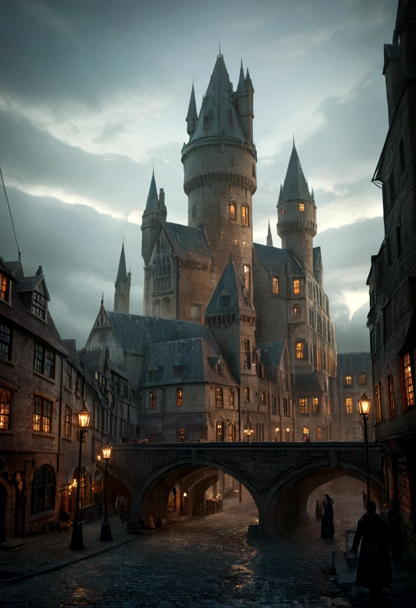 a magical castle, hogwarts castle, medieval castle, fantasy castle, spires, towers, turrets, brick building, grand architecture, city skyline, modern cityscape, skyscrapers, bridges, overcast sky, moody lighting, fantasy world, magical realism, dramatic lighting, cinematic composition, digital art, photorealistic, highly detailed, 8k, intricate details, rich colors, deep shadows, dramatic contrast