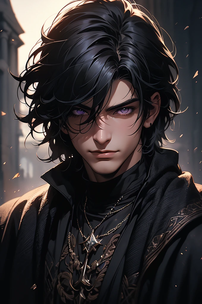 Portrait of a young boy, with dark gray hair, smooth and short, violet eyes. He wears black medieval clothes with a Cretan cape. He smiles sarcastically, in a medieval castle setting. 2d ART tormenta 20 style, d&D art, RPG art roguish smirk, handsome guy in demon slayer art, he's very menacing and evil, grinning lasciviously, dark light night, symmetrical face, symmetric eyes, fot realisitic, fot, Masterpiece artwork, realisitic, 真实感, rendering, hight contrast, photographingrealistic digital art trend on Artstation 8k HD high definition detailed realistic , detailded, texture skin, hiper detailded, Textura realisitic da pele, armour, best qualityer, ultra high-resolution, (fotrrealisitic: 1.4), high resolution, detailded, fot crua, sharp re, by lee jeffries nikon d850 film stock photographygrafiagraphy 4 kodak camera portra 400 lens f1.6 colors rich hyper realistic texture dramatic lighting irrealengine trending on artstation cinestill 800