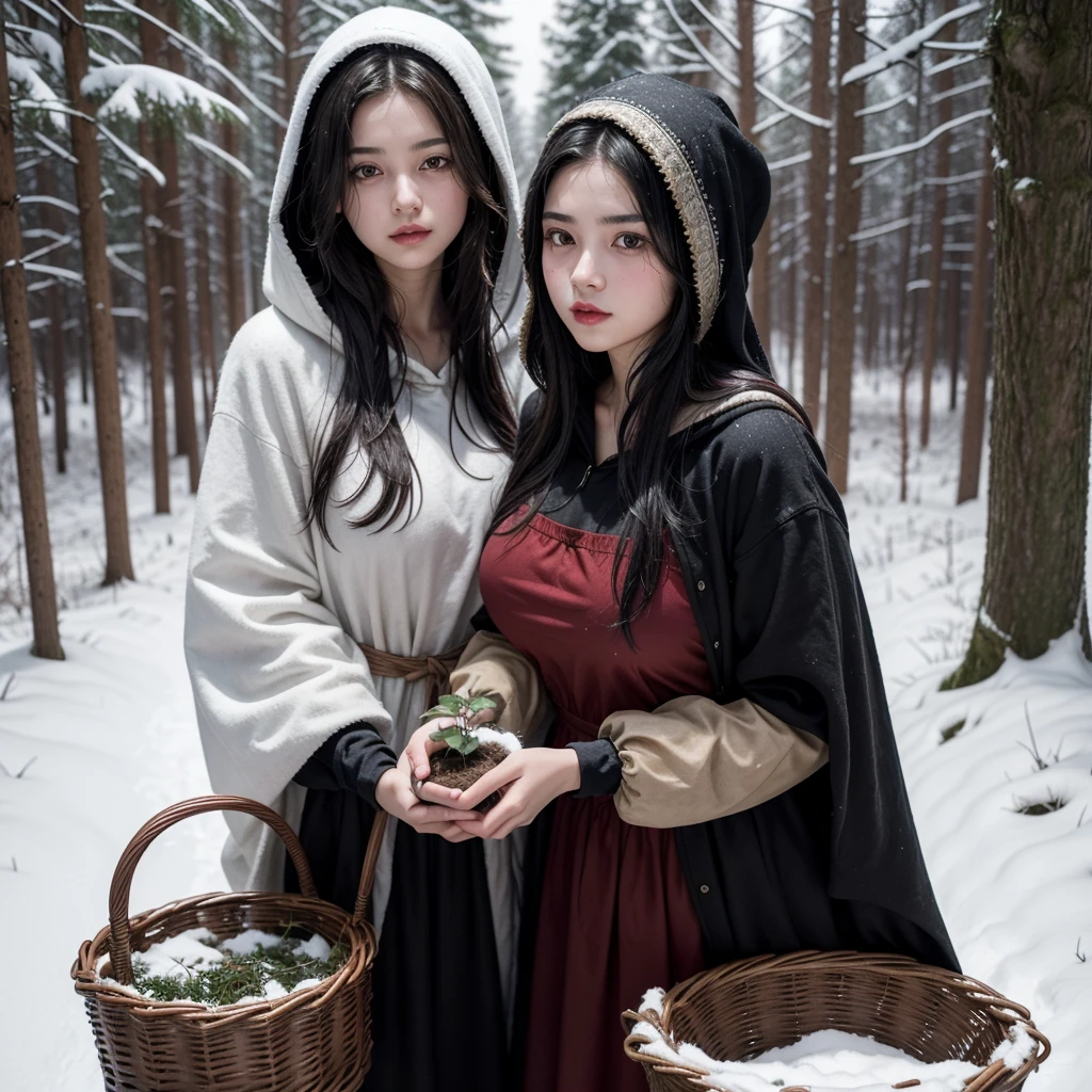 17 year old girl, long dark black hair, clear skin, big brown eyes, slim appearance, Red lips, with big breast, She wears a peasant dress from the medieval period, black and white., He is wearing a hood and is collecting plants in a basket in the forest that is covered in snow.