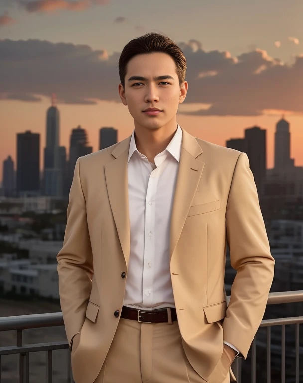 An Araf man stands on the beach with the sunset in the background.., portait photo Profile pictureture, Profile picture, Cleans the wide surface of the face.,  cute young man, headshot Profile pictureture, handsome man, Handsome and charming, Very charming and beautiful, Close-up of a Southeast Asian man with a round face.., black eyes, staring at the viewer, morning sun, ((face details)), Double eyelids, realistic, Masterpiece, Highest quality, lens flare, shade, [[Chromatic aberration, digital painting, 8K, 45,000,000,000 pixels,, t-shirt, short hair, black eyes,abdominal muscles, The body is beautiful and strong..,, (digital painting, HDR, high contrast