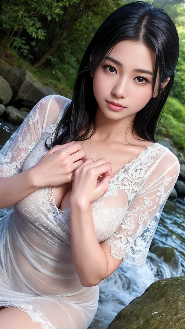 最high quality、high quality、best image quality、8K、最High resolution、High resolution、最high quality、masterpiece、Raw photo、whole body photos、Realistic human body in every detail、Realistic skin in every detail、Realistic face in every detail、Realistic eyes down to the details、Realistic lips in every detail、Realistic teeth in every detail、Realistic ears down to the last detail、Realistic hair down to the last detail、Realistic arms down to the last detail、Realistic reproduction of every detail、Realistic fingers in every detail、(fine hands、thumb1reference4)、Realistic feet in every detail、Realistic feet in every detail、Realistic breasts down to the last detail、((beautiful japanese girl))、(japanese model), (japanese woman)、((18 year old beautiful girl))、(black hair)、(straight hair)、((whole body))、((beautiful upturned chest))、(stylish slim style)、(whole body glossy skin、Fair skin)、Detailed and realistic human body、detailed realistic skin、detailed realistic face、detailed realistic arms、detailed realistic fingers、Detailed realistic feet、detailed realistic breasts、soft natural light、jungle with waterfall、waterfalls of different heights、big waterfall、waterfall with force of water、((Sit on a rock in front of the waterfall(A big waterfall is visible in the background.))、((It gets wet and see-through(lace wrap dress))、((bathe in waterfall water(Soaked skin from head to toe))、((Water dripping from the skin))、((lace wrap dressが濡れて肌にピタッと張り付く))、((You can clearly see your body lines even through a wet lace wrap dress.))、((lace wrap dressから滴る水))、sexy pose、angle from below