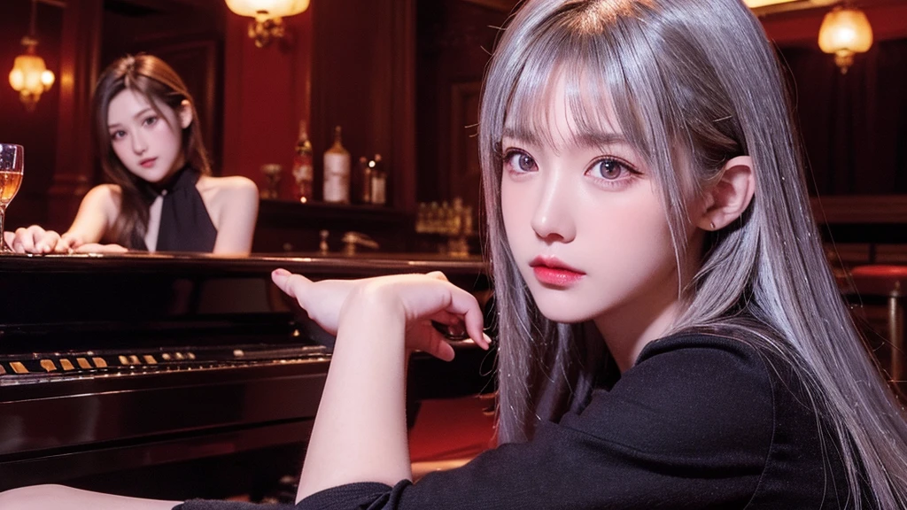 High-resolution image, (Realistic painting style: 0. 9) masterpiece, Highest quality, Disorganized,Silver eyes with shining red pupils, 1girl's solo portrait, Dressed in a pink dress, long hair and beautiful face make her look elegant and Her long hair and beautiful face make her look elegant. Brogna's bangs cascade down her forehead, and a faint smile frames her closed mouth.
She is listening to the piano in a jazz bar.