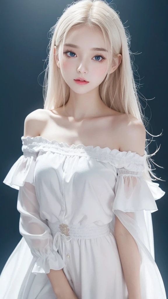 (((blouse、Off the shoulder、one piece、White background)))、forehead、Northern Europe、Russia、beautiful girl、Platinum Blonde Hair、Straight long hair、Hitting the face and front of the eyes、Big blue eyes、Sheer white and wet nightgown、Northern Europeの若者、Perfect body、White tendons、Glowing Skin、Young and beautiful skin、A perfect and beautiful little face、Bright makeup、Pale pink lips、Bright expression、16-year-old girl、lipstick、Deceptive advertising、Viewer's vision、Golden Hour Lighting、Bokeh Atmosphere Perspective、detailed、Movie Light、複雑なdetailed、High resolution、 フェイスデザインのdetailedな特徴、Attention to detail、Clear focus、Smoothness、aesthetics、Printed、Octane、{{masterpiece}}