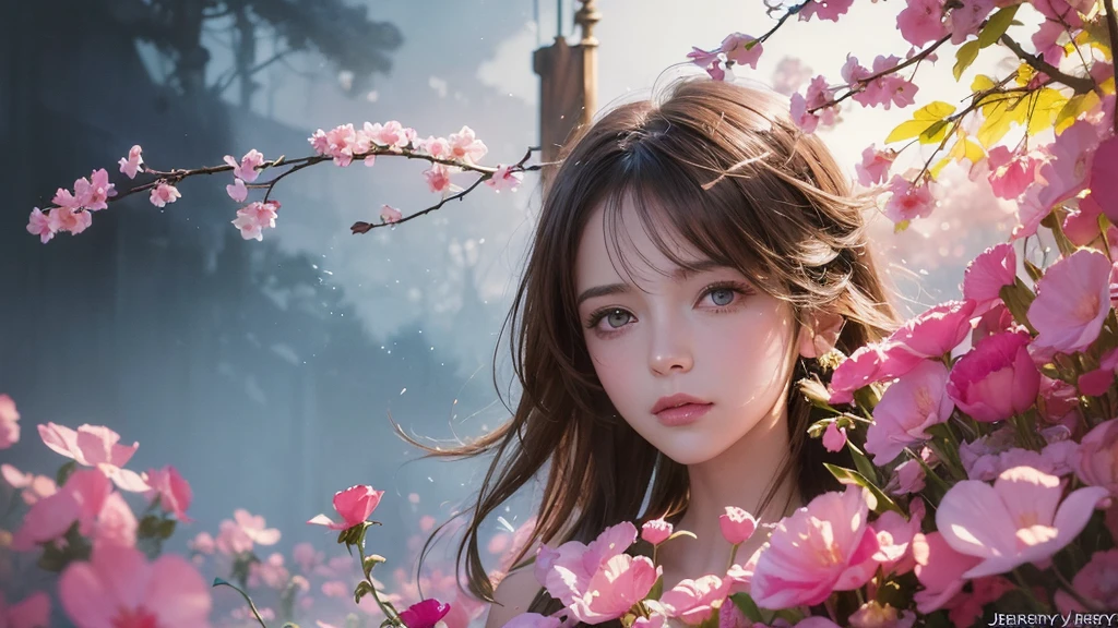 32k, Masterpiece, Highest quality, One girl, Brown Hair, Detailed eyes, flower,sweet pea, Pink and yellow style,A dreamy, romantic piece,Pale pink, Mysterious Leaves,A playful arrangement,Fantasy,High Contrast,Ink strokes,explosion,Exposure, Impression of pink and yellow tones,Abstract,((Watercolours by John Berkey and Jeremy Mann )) Brush strokes,Negative Space, Tyndall effect, White background