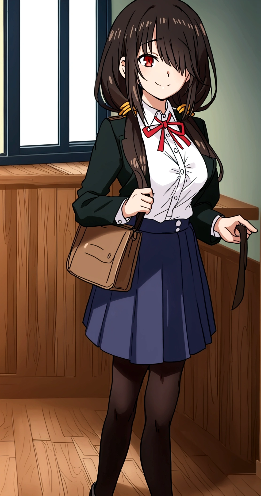 ultra-detailed,highly detailed,best quality,masterpiece,illustration,realistic, photo,photorealistic,
1girl, tokisaki kurumi,cosplay,hair over one eye, looking at viewer, happy girl,low twintails,
, blazer, collared shirt, neck ribbon, pleated skirt, pantyhose, hair rings, loafers,
indoors, walking, stairwell, 
