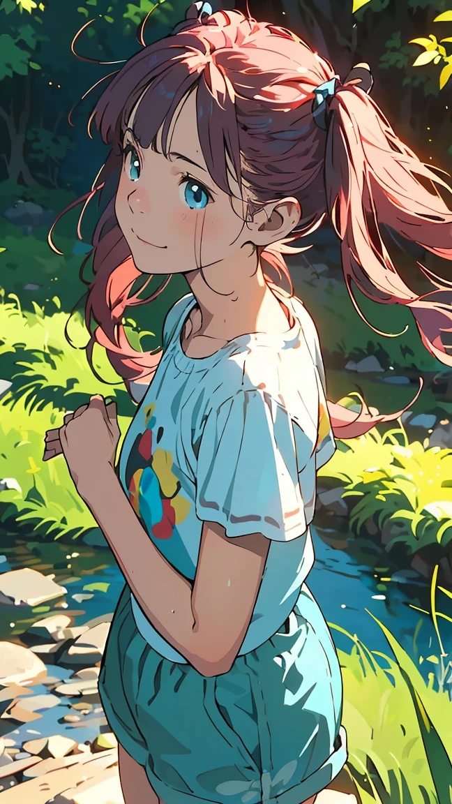 Affordable design, Clear lines, High Sharpness, (Highest quality,4K,Perfect sharpness,Ultra-fine,High resolution,masterpiece:1.2), Perfect Anatomy:1.5, Official Art, Illustrations that tell a story, (Whitish background:0. 9)、Body Positivity、Diverse physical expressions、(Random and strange poses))、Perfect beauty、Perfect beautiful face、(非常にStrong winds)、Rich expressiveness、Dynamic configuration、Golden ratio composition、colorful、((color々Different angles and perspectives))、Anime Drawings、((Overcoming stereotypes))、 Glowing Skin、(natureの美)、bangs、Straight Long Hair、(Soft and flowing hair)、(countryside)、Outdoor、((Nostalgic atmosphere))、((Playful and easygoing))、(diverse characters)、((Graceful posture))、(Sunny atmosphere)、(vivid color)、Shorts、A light smile、 ((Emotional))、bangs、natureな反応、Summer clothing、(ponytail)、nature、Show off your thighs、Strong winds、Cheerful pose、((running))、Side angle、(pink hair, twin tails twin drill, show your forehead, blue eyes,