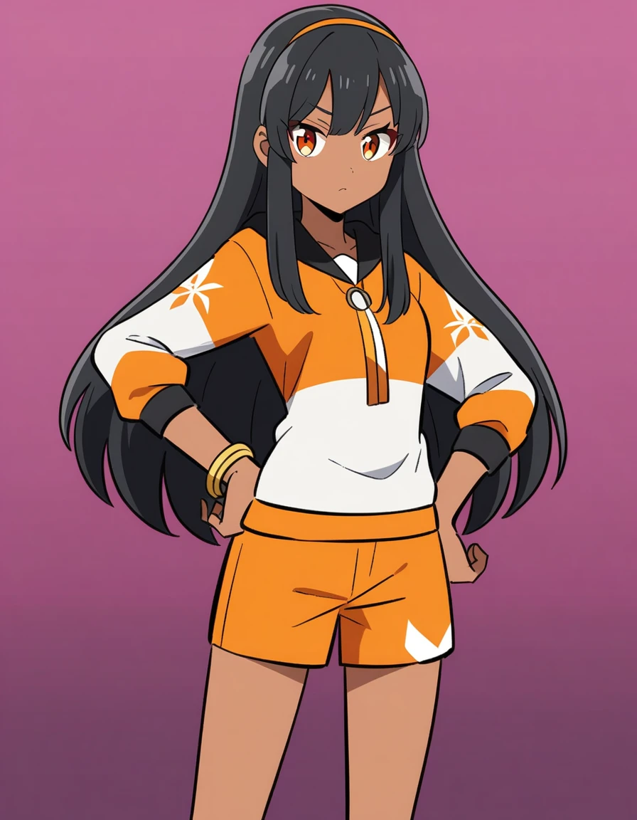 A dark skinned girl, amber eyes and black hair, straight and hip length, dressed as a , anime style, 16 year old girl