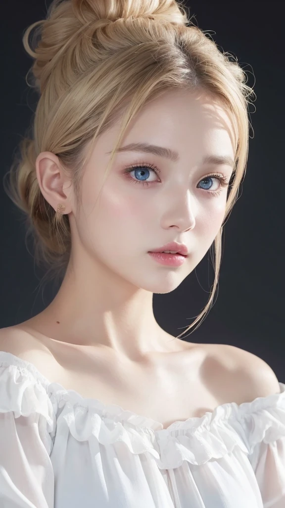 (((Chignon、blouse、Off the shoulder、one piece、White background)))、forehead、Northern Europe、Russia、beautiful girl、Platinum Blonde Hair、Straight long hair、Hitting the face and front of the eyes、Big blue eyes、Sheer white and wet nightgown、Northern Europeの若者、Perfect body、White tendons、Glowing Skin、Young and beautiful skin、A perfect and beautiful little face、Bright makeup、Pale pink lips、Bright expression、16-year-old girl、lipstick、Deceptive advertising、Viewer&#39;s vision、Golden Hour Lighting、Bokeh Atmosphere Perspective、detailed、Movie Light、複雑なdetailed、High resolution、 フェイスデザインのdetailedな特徴、Attention to detail、Clear focus、Smoothness、aesthetics、Printed、Octane、{{masterpiece}}