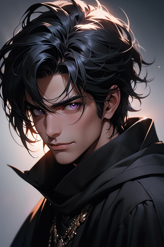 Portrait of a man with dark gray hair, smooth and short, violet eyes. He wears black medieval clothes with a Cretan cape. He smiles sarcastically, in a medieval castle setting. 2d ART tormenta 20 style, d&D art, RPG art roguish smirk, handsome guy in demon slayer art, he's very menacing and evil, grinning lasciviously, dark light night, symmetrical face, symmetric eyes, fot realisitic, fot, Masterpiece artwork, realisitic, 真实感, rendering, hight contrast, photographingrealistic digital art trend on Artstation 8k HD high definition detailed realistic , detailded, texture skin, hiper detailded, Textura realisitic da pele, armour, best qualityer, ultra high-resolution, (fotrrealisitic: 1.4), high resolution, detailded, fot crua, sharp re, by lee jeffries nikon d850 film stock photographygrafiagraphy 4 kodak camera portra 400 lens f1.6 colors rich hyper realistic texture dramatic lighting irrealengine trending on artstation cinestill 800