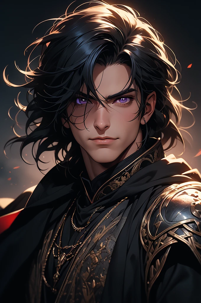 Portrait of a man with dark gray hair, smooth and short, violet eyes. He wears black medieval clothes with a Cretan cape. He smiles sarcastically, in a medieval castle setting. 2d ART tormenta 20 style, d&D art, RPG art roguish smirk, handsome guy in demon slayer art, he's very menacing and evil, grinning lasciviously, dark light night, symmetrical face, symmetric eyes, fot realisitic, fot, Masterpiece artwork, realisitic, 真实感, rendering, hight contrast, photographingrealistic digital art trend on Artstation 8k HD high definition detailed realistic , detailded, texture skin, hiper detailded, Textura realisitic da pele, armour, best qualityer, ultra high-resolution, (fotrrealisitic: 1.4), high resolution, detailded, fot crua, sharp re, by lee jeffries nikon d850 film stock photographygrafiagraphy 4 kodak camera portra 400 lens f1.6 colors rich hyper realistic texture dramatic lighting irrealengine trending on artstation cinestill 800