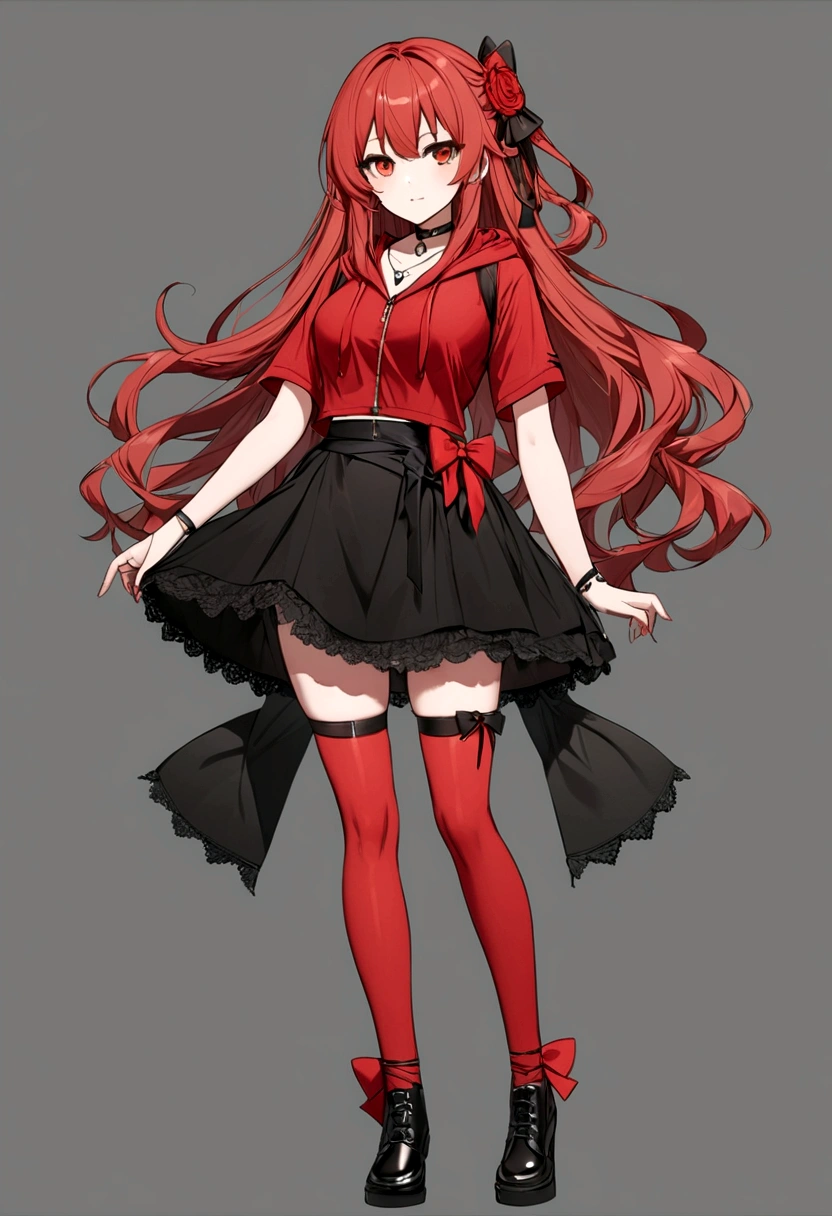 a girl with a red skirt and a black skirt that is under the red shirt . red stockings . red zip up hoodie, black shirt underneath with short sleeves and ,red hair, long hair and a flower with a ribbon on the bottom on the side on the hair and red eyes has a black Choker , and a small heart red necklace , has a ribbon bow waistband , full body
