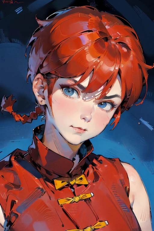(8k, RAW photo, best quality, masterpiece:1.2), RanmaChan, RanmaRedShirt, red panty, turn back, show her butt  ((masterpiece:1.4)), high quality, very_high_resolution, large_filesize, full color, heavy outline, clear outline, colorful, (beautiful detailed eyes), ((beautiful face:1.0)), ((boyish face:1.4)), 1 girl, (femaleranma), (red hair), short hair, (braided ponytail), ((bangs)), bumpy bangs, blue-gray eyes, big breasts, curvy, femaleranma, braided ponytail, (red chinese clothes), sleeveless, tangzhuang, black pants, cameltoe, standing, upper body, ((from front:1.4)), ((portrait:1.8)), ((face focus:1.4)), (angry),