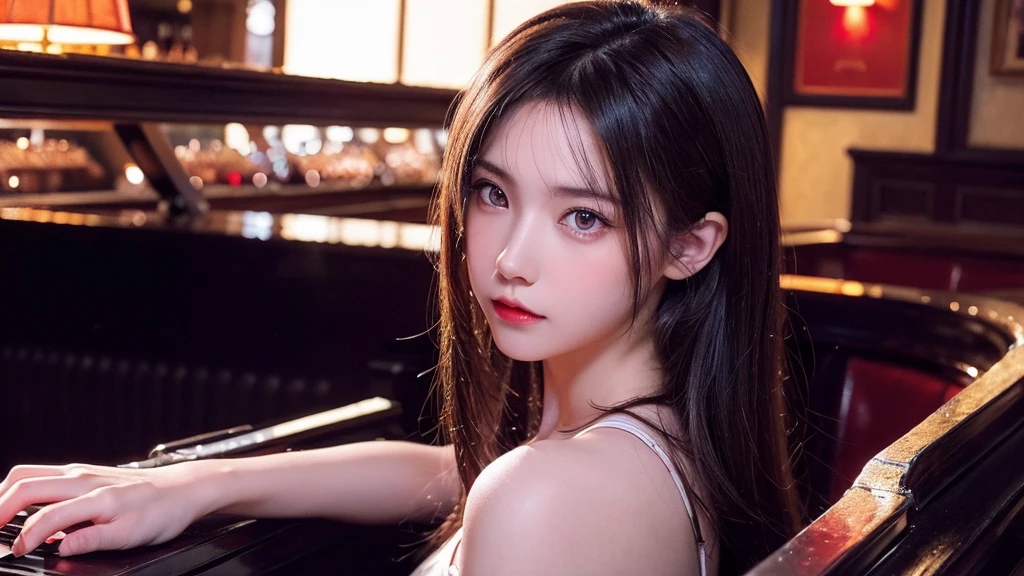 High-resolution image, (Realistic painting style: 0. 9) masterpiece, Highest quality, Disorganized,Silver eyes with shining red pupils, 1girl's solo portrait, Dressed in a pink dress, long hair and beautiful face make her look elegant and Her long hair and beautiful face make her look elegant. Brogna's bangs cascade down her forehead, and a faint smile frames her closed mouth.
She is listening to the piano in a jazz bar.