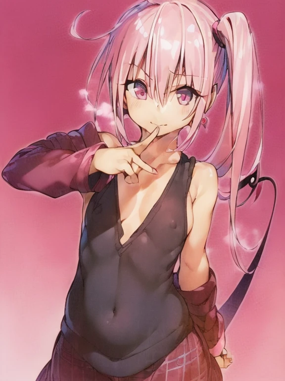 (((1girls、Pink Hair、side ponytail、Scarlet Eyes、Small breasts、、Devil's Tail、独奏:1girls、To Love Ru 緑のskirt、Plaid、Plaidのskirt、Sainan High School uniform、、skirt、shirt、白いshirt、Sweater vest、黄色のSweater vest、megami magazine)))、