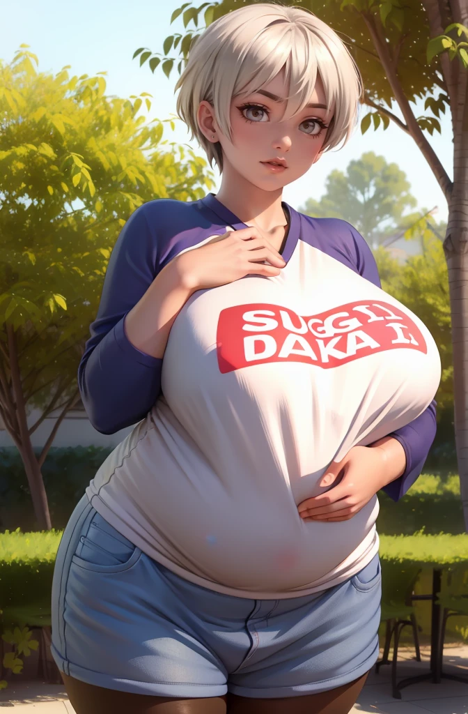 (best quality,4k,8k,highres,masterpiece:1.2), ultra-detailed, (realistic,photorealistic,photo-realistic:1.37), HDR, UHD, studio lighting, ultra-fine painting, sharp focus, physically-based rendering, extreme detail description, professional, vivid colors, bokeh, portraits, photography, (best quality,masterpiece:1.3), (mature woman, milf), (tall:1.2), anime, masterpiece, beautiful eyes, best quality, detailed face, 1girl, solo, beautiful, uh1, shirt, raglan sleeves, romaji text, clothes writing, long sleeves, denim shorts, pantyhose, fang, huge breasts, huge belly, bloated belly, stuffed belly, plump, chubby, curvy, chubby girl, belly, big belly, fat belly,