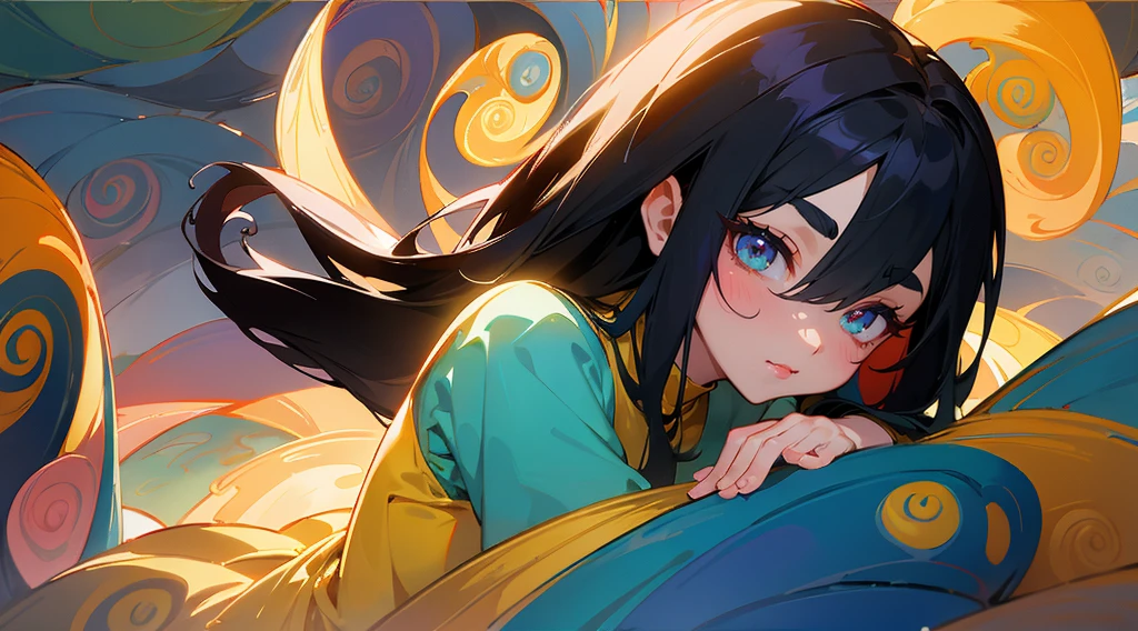 Original characters、Volume illumination、Best shadows、Shallow depth of field、Portrait of an amazingly beautiful girl, handsome boy 、Attractive, beautiful and delicate face and seductive eyes、in the forest、Woman and boy sitting near the river、Sharp eyebrows、Black hair styles、Blush eye shadow、Bright eyes、Dark eyelashes、Slim waist、(Top quality、Great details:1.25)、(unique:1.3)、Wonderful colorful paintings ((Surrealism (( Swirls and winds