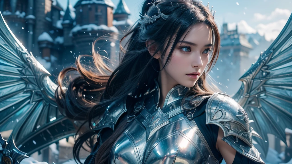 Close-up of woman holding sword and armor, Armor Girl, 2. 5D CGI anime fantasy artwork, Large Breasts,Epic fantasy digital art style, detailed Digital 2D fantasy art, Digital 2D fantasy art, original photo, (best quality:1.3), high resolution, (masterpiece), (lifelike:1.4), Professional photography, Clear focus, High Dynamic Range, 8k resolution, Intricate details, Fine details, Depth of Field, Extremely detailed CG unified 8k wallpaper, masterpiece,poster,best quality,Official Art,(Beauty and aesthetics:1.2),(masterpiece:1.3),Miss,personal,Light Leather Armor,complex pattern,winter,Snow Mountain,castle,Medium distance photography,(early morning),dramatic,Giant bat wings,