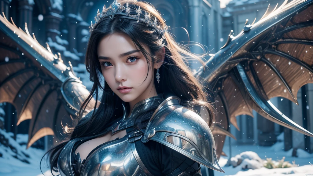 Close-up of woman holding sword and armor, Armor Girl, 2. 5D CGI anime fantasy artwork, Large Breasts,Epic fantasy digital art style, detailed Digital 2D fantasy art, Digital 2D fantasy art, original photo, (best quality:1.3), high resolution, (masterpiece), (lifelike:1.4), Professional photography, Clear focus, High Dynamic Range, 8k resolution, Intricate details, Fine details, Depth of Field, Extremely detailed CG unified 8k wallpaper, masterpiece,poster,best quality,Official Art,(Beauty and aesthetics:1.2),(masterpiece:1.3),Miss,personal,Light Leather Armor,complex pattern,winter,Snow Mountain,castle,Medium distance photography,(early morning),dramatic,Giant bat wings,