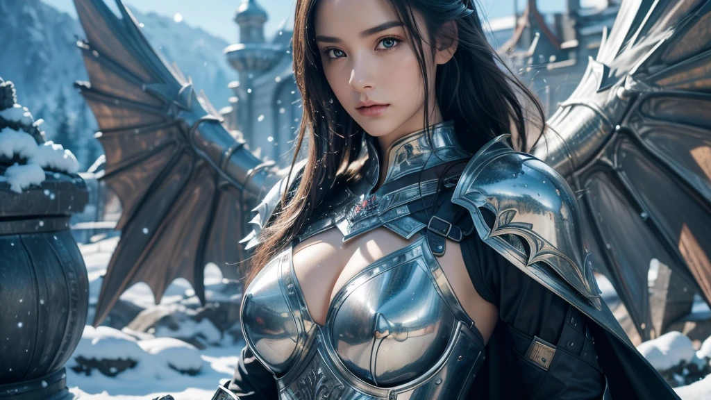 Close-up of woman holding sword and armor, Armor Girl, 2. 5D CGI anime fantasy artwork, Large Breasts,Epic fantasy digital art style, detailed Digital 2D fantasy art, Digital 2D fantasy art, original photo, (best quality:1.3), high resolution, (masterpiece), (lifelike:1.4), Professional photography, Clear focus, High Dynamic Range, 8k resolution, Intricate details, Fine details, Depth of Field, Extremely detailed CG unified 8k wallpaper, masterpiece,poster,best quality,Official Art,(Beauty and aesthetics:1.2),(masterpiece:1.3),Miss,personal,Light Leather Armor,complex pattern,winter,Snow Mountain,castle,Medium distance photography,(early morning),dramatic,Giant bat wings,