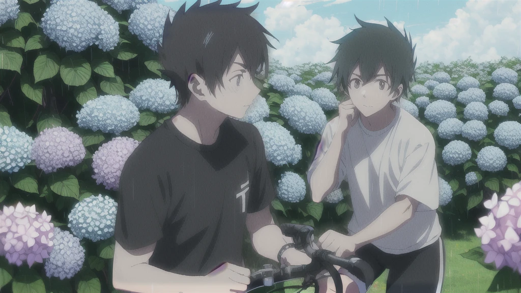 ((Highest quality)), ((masterpiece)), (detailed), Highest quality、High resolution、8K、juvenile、male、male子学生、17 years old、soaked、bicycleを全力で漕いでいる、bicycleに乗っている、Very cloudy sky、Shower、Japan、City、bicycle、White short sleeve shirt、Black trousers、bicycleに乗ったJapanの学生服を着たmale子学生の後ろ姿、Heavy downpour、Standing surrounded by hydrangeas、Japanのアニメのような画風、超High resolutionかわいい萌えアニメ8k