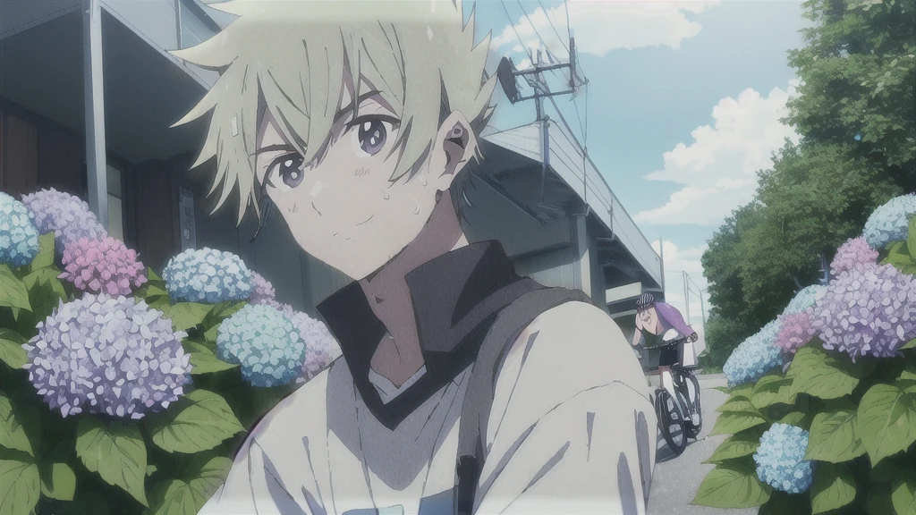((Highest quality)), ((masterpiece)), (detailed), Highest quality、High resolution、８K、juvenile、male、male子学生、17 years old、soaked、bicycleを全力で漕いでいる、bicycleに乗っている、Very cloudy sky、Shower、Japan、City、bicycle、White short sleeve shirt、Black trousers、bicycleに乗ったJapanの学生服を着たmale子学生の後ろ姿、Heavy downpour、Standing surrounded by hydrangeas、Japanのアニメのような画風、超High resolutionかわいい萌えアニメ8k