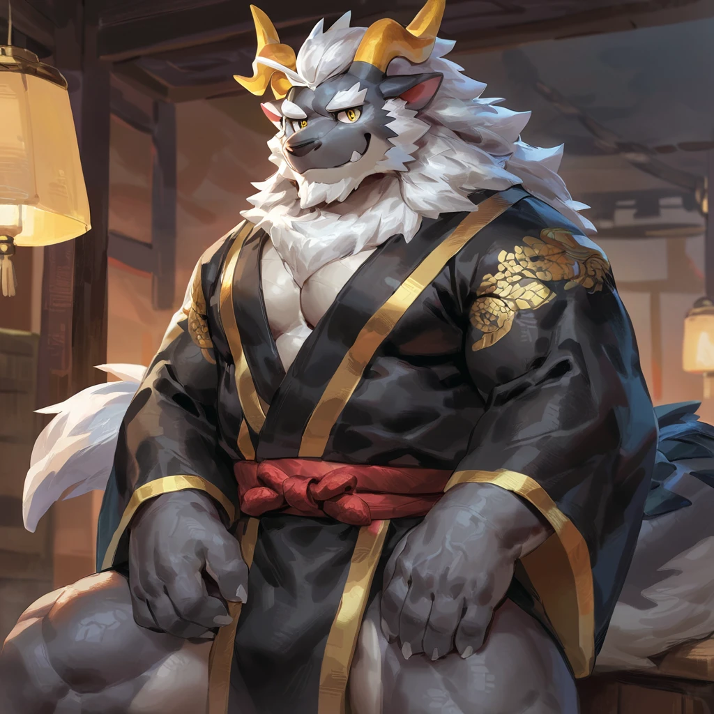 (artist: gamma_g, lindong, null-ghost, dangpa, kulplant) 1male, sfw, eastern dragon, , bara, (indoors),lamp lighting, one fluffy tail, old man, fluffy mane, , grey body, white hair, detailed background, dark shadows, solo, scales, detailed scales, golden decals, open black and gold kimono, branch horns, sharp short ears, yellow iris, white sclera, big eyes, white beard, white mustache, sharp iris, thick thighs, muscular legs, veiny, fluffy hair, detailed face:2.0, one tail, masterpiece:2.0, sharp fang, perfect eyes, smug, chest fluff