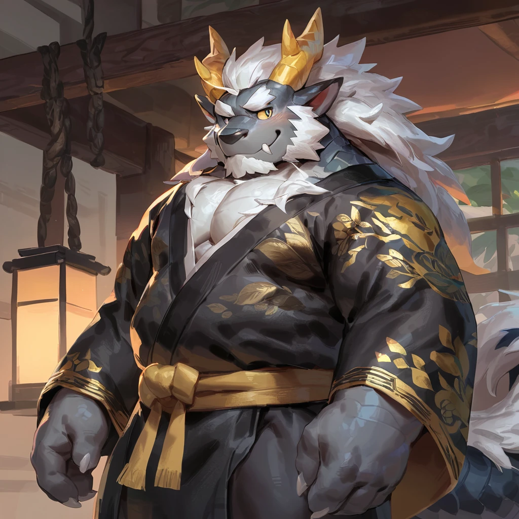 (artist: gamma_g, lindong, null-ghost, dangpa, kulplant) 1male, sfw, eastern dragon, , bara, (indoors),lamp lighting, one fluffy tail, old man, fluffy mane, , grey body, white hair, detailed background, dark shadows, solo, scales, detailed scales, golden decals, open black and gold kimono, branch horns, sharp short ears, yellow iris, white sclera, big eyes, white beard, white mustache, sharp iris, thick thighs, muscular legs, veiny, fluffy hair, detailed face:2.0, one tail, masterpiece:2.0, sharp fang, perfect eyes, smug, chest fluff