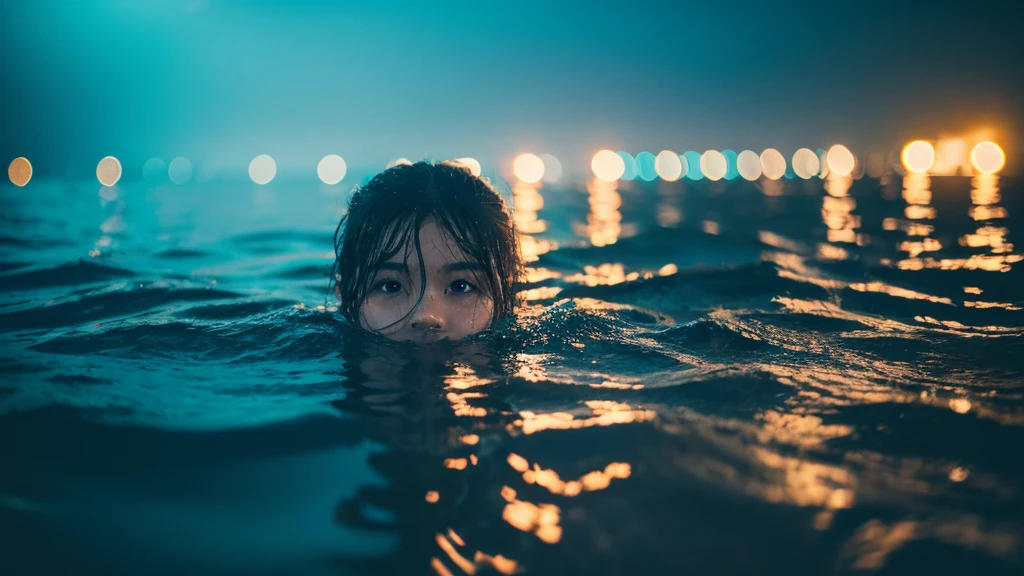 Written boundary depth, HD detailed, Wet Watermark, Hyper Detail, Realistic photos, 16K, Surrealism, Deep focus bokeh, Ray Tracing, Sepia,In the water,dark,Cyan Light,Bubble