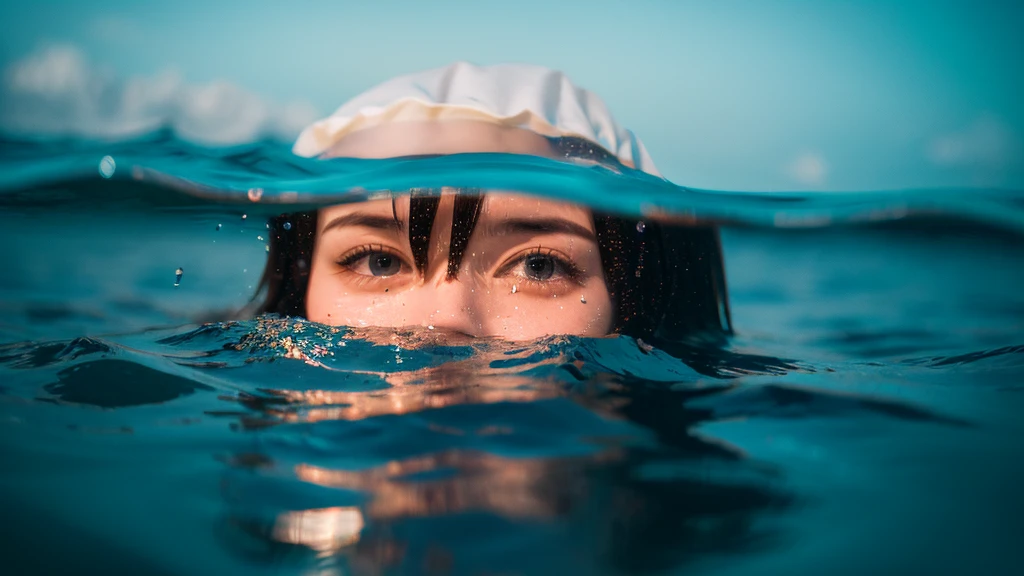 Written boundary depth, HD detailed, Wet Watermark, Hyper Detail, Realistic photos, 16K, Surrealism, Deep focus bokeh, Ray Tracing, Sepia,In the water,dark,Cyan Light,Bubble