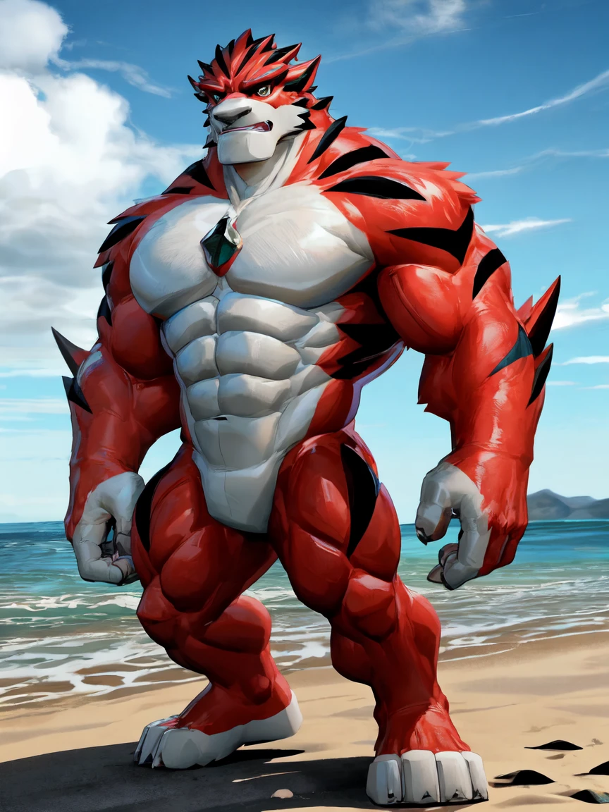 a cartoon image of a character standing in a beach, commission for high res,rath_(ben_10), muscular, muscular_male, muscular_anthro, by_takahirosi,((topless,bottomless))