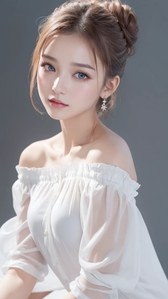 (((Chignon、blouse、Off the shoulder、one piece、White background)))、forehead、Northern Europe、Russia、beautiful girl、Platinum Blonde Hair、Straight long hair、Hitting the face and front of the eyes、Big blue eyes、Sheer white and wet nightgown、Northern Europeの若者、Perfect body、White tendons、Glowing Skin、Young and beautiful skin、A perfect and beautiful little face、Bright makeup、Pale pink lips、Bright expression、-yeld gilipstick、Deceptive advertising、Viewer's vision、Golden Hour Lighting、Bokeh Atmosphere Perspective、detailed、Movie Light、複雑なdetailed、High resolution、 フェイスデザインのdetailedな特徴、Attention to detail、Clear focus、Smoothness、aesthetics、Printed、Octane、{{masterpiece}}