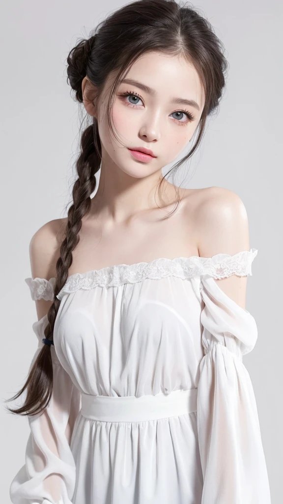 (((Chignon、blouse、Off the shoulder、one piece、White background)))、forehead、Northern Europe、Russia、beautiful girl、Platinum Blonde Hair、Straight long hair、Hitting the face and front of the eyes、Big blue eyes、Sheer white and wet nightgown、Northern Europeの若者、Perfect body、White tendons、Glowing Skin、Young and beautiful skin、A perfect and beautiful little face、Bright makeup、Pale pink lips、Bright expression、-yeld gilipstick、Deceptive advertising、Viewer's vision、Golden Hour Lighting、Bokeh Atmosphere Perspective、detailed、Movie Light、複雑なdetailed、High resolution、 フェイスデザインのdetailedな特徴、Attention to detail、Clear focus、Smoothness、aesthetics、Printed、Octane、{{masterpiece}}