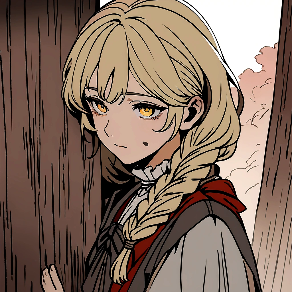 Masterpiece, High quality, High quality of art, anime lineart, Oil painting style, 1boy, Femboy, Light golden hair, braids, Yellow eyes, red shadows and bruises under the eyes, calm, half-asleep, near a large tree, feminine, in simple rustic clothes,