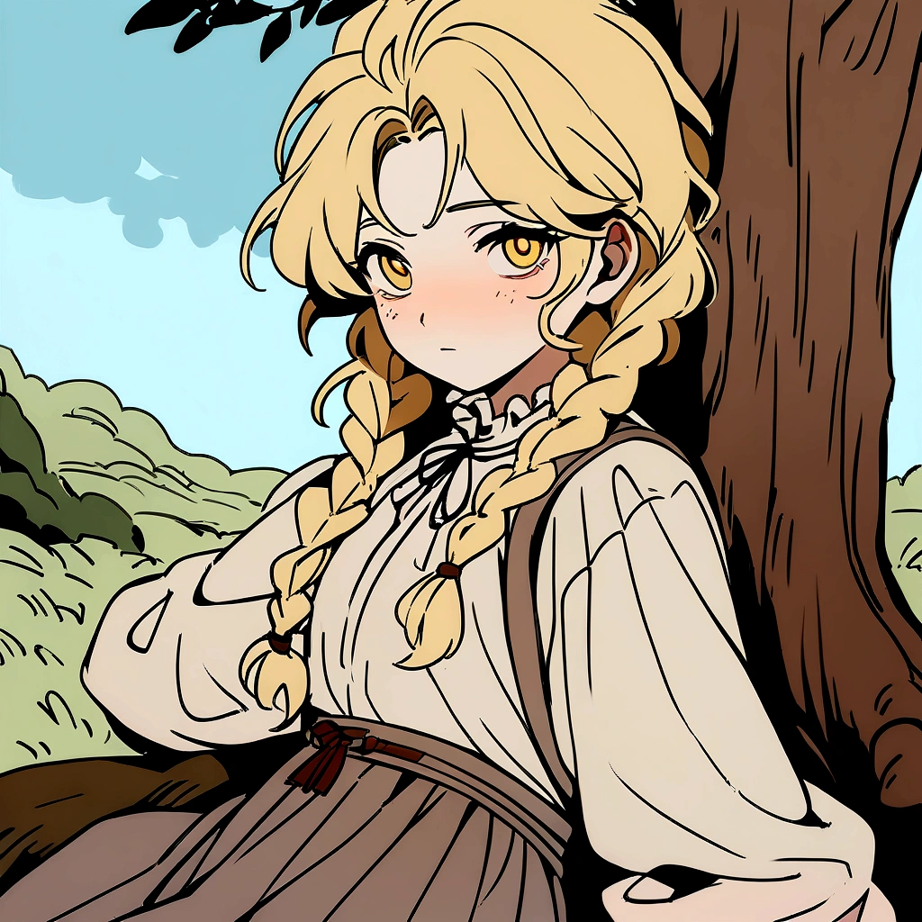 Masterpiece, High quality, High quality of art, anime lineart, Oil painting style, 1boy, Femboy, Light golden hair, braids, Yellow eyes, red shadows and bruises under the eyes, calm, half-asleep, near a large tree, feminine, in simple rustic clothes, 