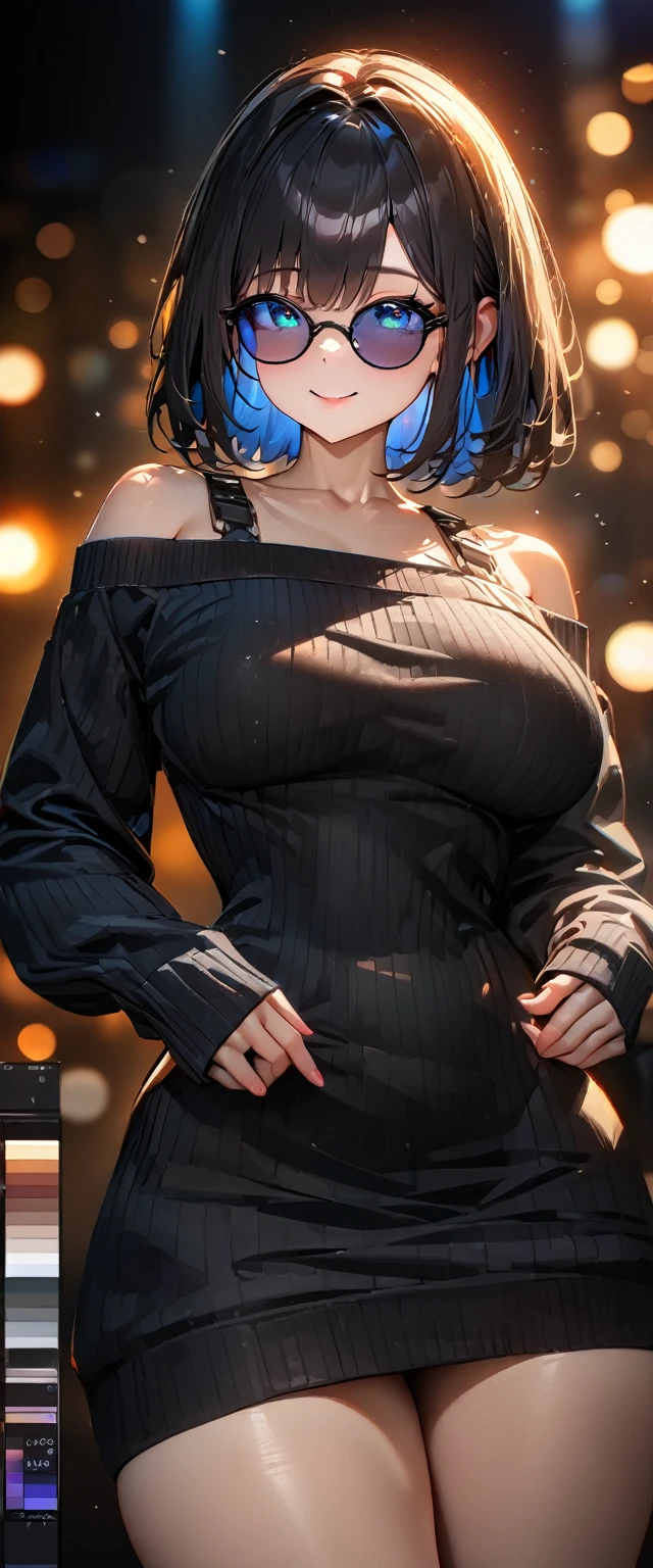 (((One girl))), ((beach)), noon, blond hair, ((sunglasses)), hand to sunglasses, ((bob cut:1.3)), breasts, from front, (cowboy shot), standard body, (looking at viewer), ((off-shoulder knit sweater dress:1.3, Quite thick shoulder straps)), (((sleeves past wrists:1.3))), ((black sweater)), ager, head tilt:1.3, (((blue eye))), ((happy smile)), anime style, (best quality, 4k, 8k, highres, masterpiece:1.2, ultra-detailed, ultra-detailed eyes, HDR, UHD, studio lighting, ultra-fine painting, sharp focus, physically-based rendering, extreme detail description, professional, vivid colors, bokeh), ((Highest quality, Best image quality, Ultra-high resolution, Ultra-high resolution, solo, Strong eye highlights)), Depth of written boundary, Natural soft light, attractive, Beautiful Face, Cleanliness, Pure Face, nedium chest, Beautiful Face, Perfect Fingers, Perfect hands, Perfect body, Perfect Face, Shine a light into your eyes, Perfect Anatomy