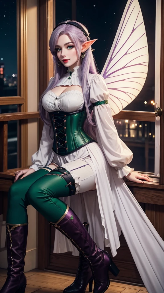 Irish woman, anime, modest, beautiful, high quality, night, 8k, long waist length light pale purple hair, green eyes, red lips, eyelashes, 1700 century black pants, corset, white blouse, boots, elf ears, large fairy wings