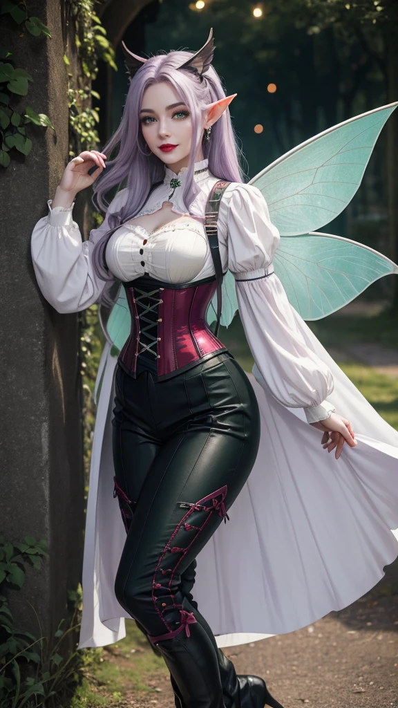 Irish woman, anime, modest, beautiful, high quality, night, 8k, long waist length light pale purple hair, green eyes, red lips, eyelashes, 1700 century black pants, corset, white blouse, boots, elf ears, large fairy wings
