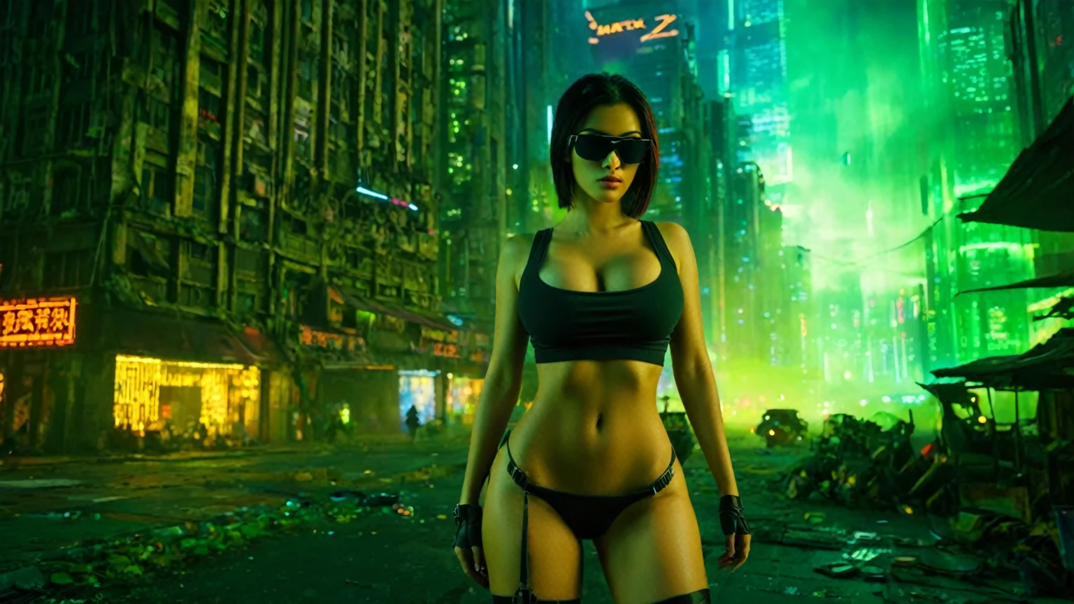 dark futuristic landscape, at night, neon lights, Atmospheric fog, large buildings in the background, futuristic city, busy streets with open shops, Ruined buildings, skyscraper (postapocalyptic city:1.3). Matrix style, at night, (1woman, solo, perfect body), photo realistic, (large-breast:1.1 slim body, cleavage), (((tank top, extreamly short pleated (((miniskirt))) exposing panty))), (((((((matrix style black sunglasses))))))), (((aiming at camera with a (short gun), looking at camera, running pose))), (((half-body (thigh level) medium shot))), cinematic lighting.