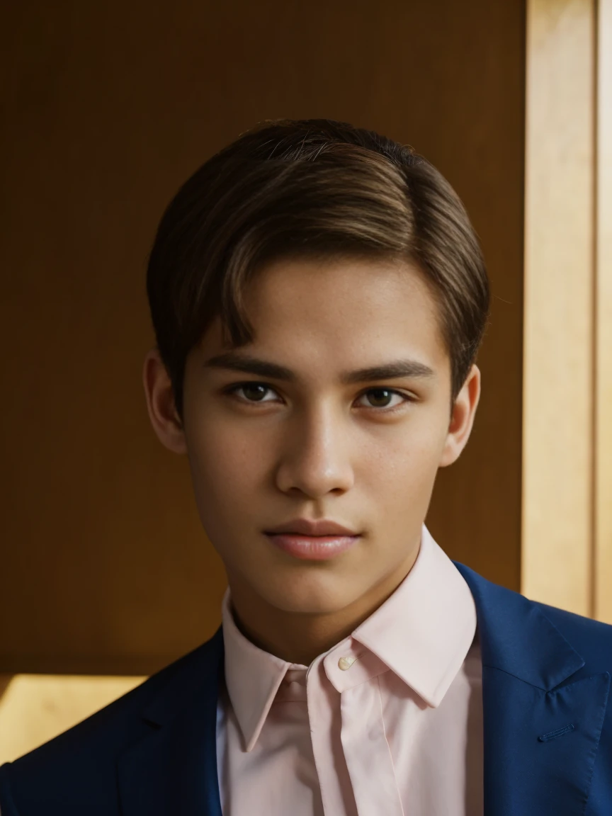 a teenage male model with brown hair, light skin, short hair, wearing formal wear in an office environment, professional work photography session, detailed facial features, sharp focus, high quality, 8k, photorealistic, studio lighting, dynamic pose, environmental office setting , warm lighting, glossy surfaces, clean background, the model's skin is light, the model is European.