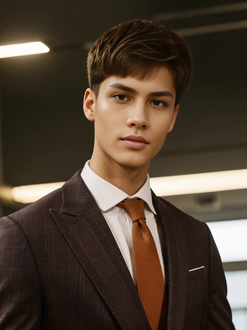 a teenage male model with brown hair, light skin, short hair, wearing formal wear in an office environment, professional work photography session, detailed facial features, sharp focus, high quality, 8k, photorealistic, studio lighting, dynamic pose, environmental office setting , warm lighting, glossy surfaces, clean background, the model's skin is light, the model is European.