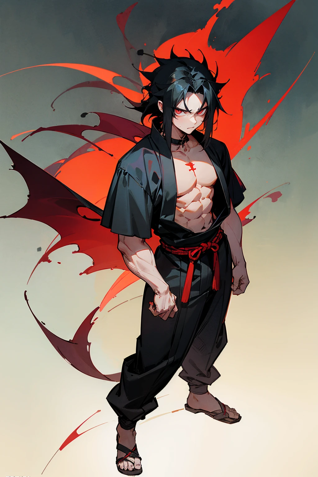 Masterpiece Quality, Perfect Generation, Sclera, Detailed Eyes, , Red And Black Long Spiky Hair, Muscular, Black Haori, Bored Expression, , Full Body, Demon Slayer, Temple Background, Standing, Facing Viewer, Male