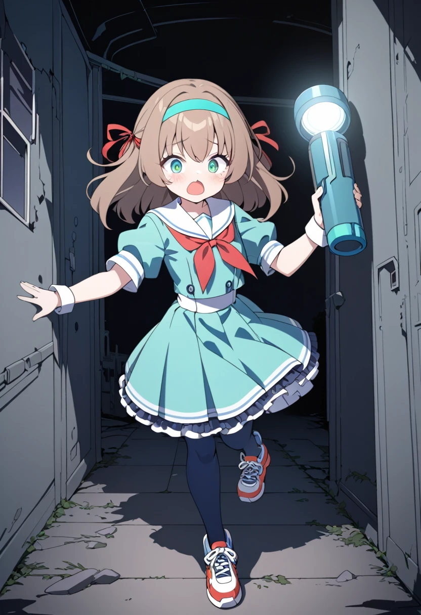 (best quality,4k,highres) A cute 15 years old japaneese girl, drawn in anime style, futuristic, Frutiger aero aesthetic, sci-fi, is afraid, jade green eyes, long brown hair, ribbon headband, small breast, white and blue futuristic sailor lolita dress with puffy sleeves, school crest, red ribbon, navy blue pantyhose, High tech sport shoes with glowing parts, holding a flashlight, screaming in horror, in a abandoned haunted mansion, running away from a ghost, at night, moonlight, low brightness, darkness, highly detailed, 4K.