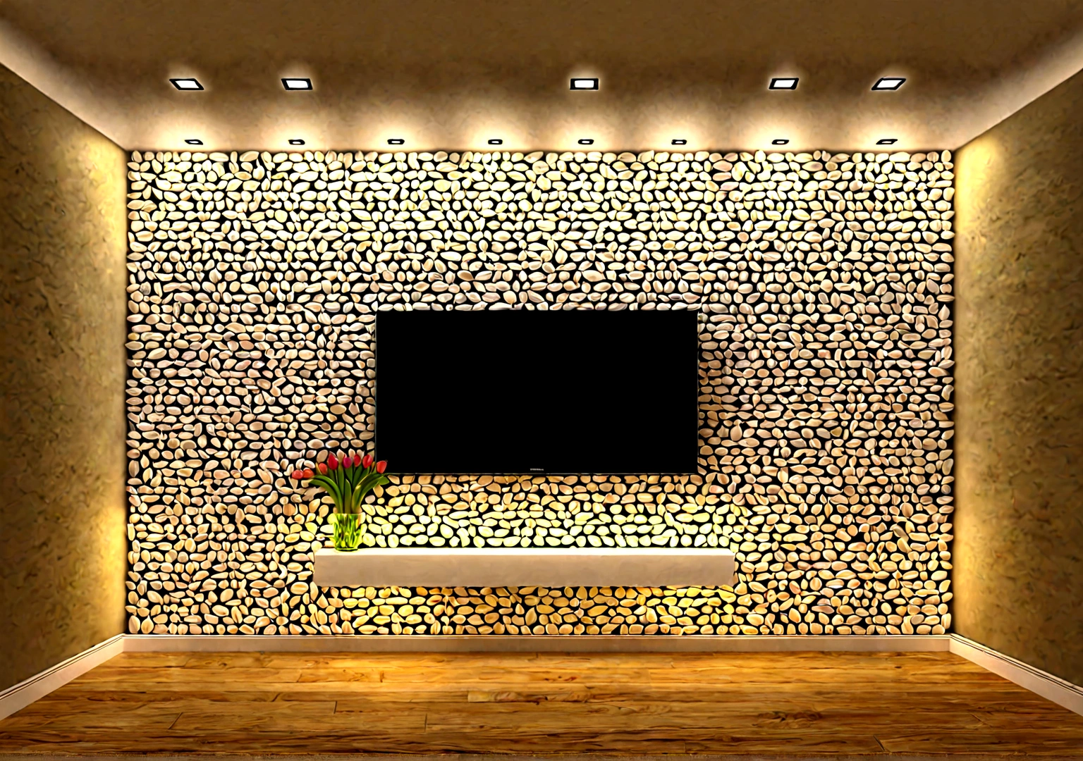 Interior renderings，Front view，Decorative wall，With wall light strip，There are tulips，Head-up view，Medium shot，Full front wall view，Super Realism，Light Effect，Ultra HD，high quality，High Detail，high resolution