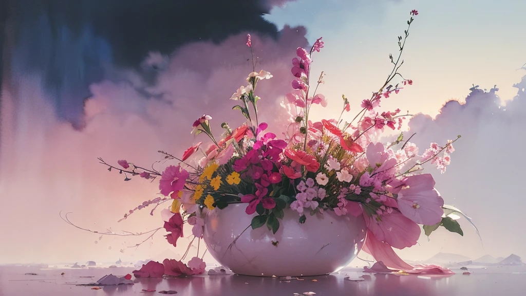 32k, Masterpiece, Highest quality, One girl, Brown Hair, Detailed eyes, flower,sweet pea, Pink and yellow style,A dreamy, romantic piece,Pale pink, Mysterious Leaves,A playful arrangement,Fantasy,High Contrast,Ink strokes,explosion,Exposure, Impression of pink and yellow tones,Abstract,((Watercolours by John Berkey and Jeremy Mann )) Brush strokes,Negative Space, Tyndall effect, White background