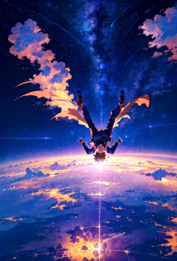 A scene of a beautiful boy skydiving into a beautiful night sky,anime art wallpaper 4k, anime art wallpaper 4k, Anime Art Wallpapers 8K, anime wallpaper 4k, anime wallpaper 4k, 4k anime wallpaper,The night view below