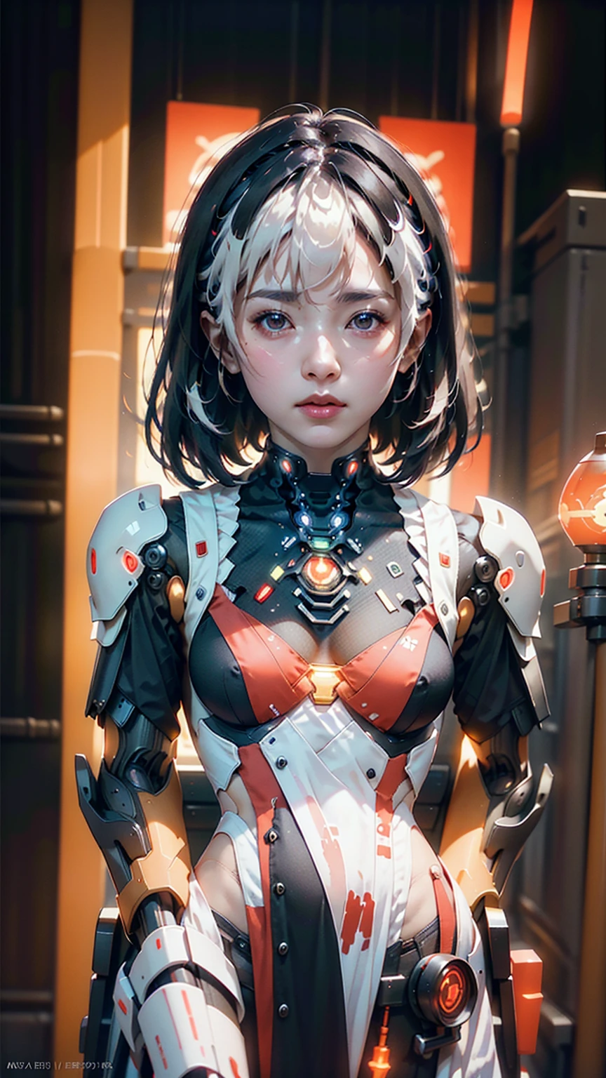 Top Quality, Masterpiece, Ultra High Resolution, (Photorealistic: 1.4), Raw Photo, 1 Asian Girl, Black Hair, Glossy Skin, 1 Mechanical Girl, (Ultra Realistic Detail)), Portrait, Global Illumination, Shadows, Contrast, Octane Rendering, 8K, Ultra Sharp, Big, Cleavage Exposed Raw Skin, Metal, Intricate Ornament Details, Very intricate details, realistic light, CGSoation trend, facing the camera, neon details, mechanical limbs, blood vessels connected to the tube, mechanical vertebrae attached to the back, mechanical cervical attachment to the neck, sitting, wires and cables connecting to the head, gundam, small LED lamps.big tits,realistic ,white hair 